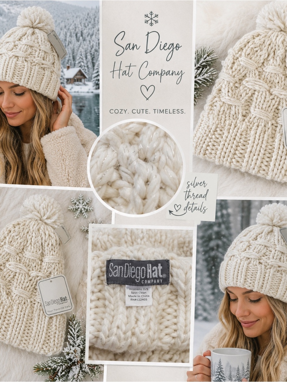 San Diego Hat Company Cream Cable Knit Pom Beanie